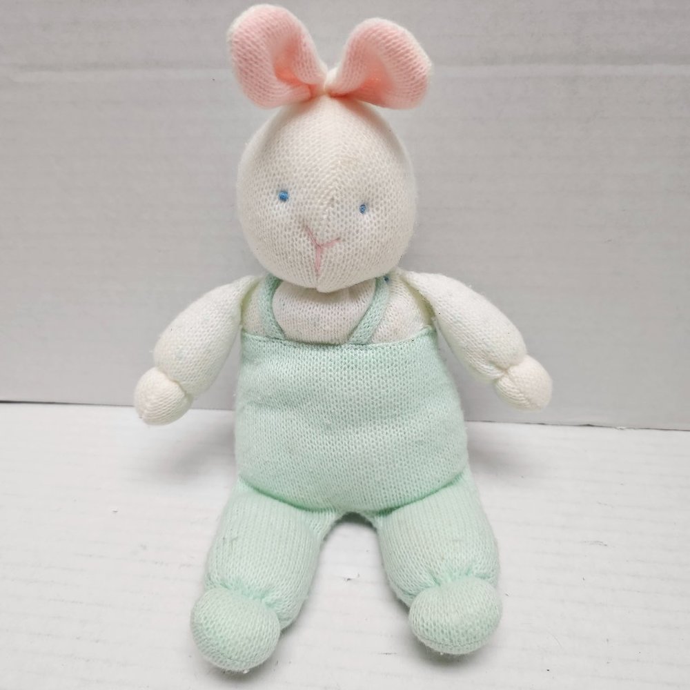 Vintage Pastel Rare Eden Plush Knit Bunny Rabbit Pink Ears Green Overalls Toy